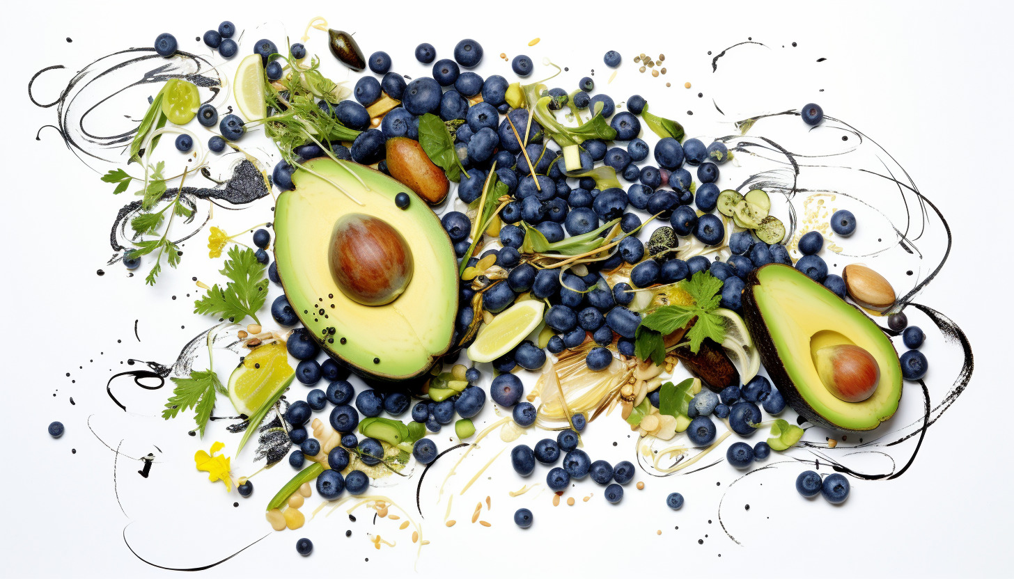 illustration of avocados, blueberries, and other adiponectin-boosting foods