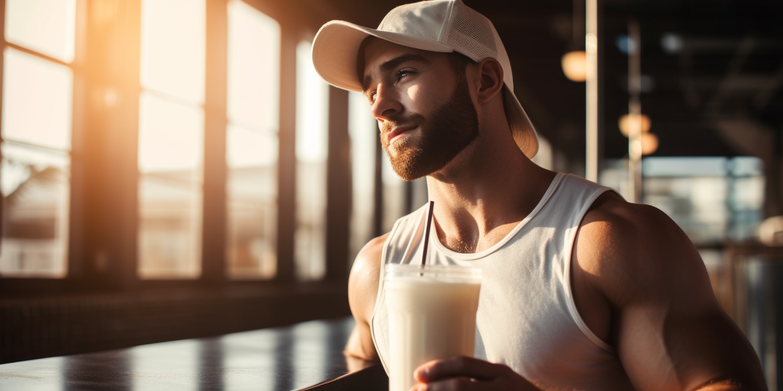 man with protein shake after workout